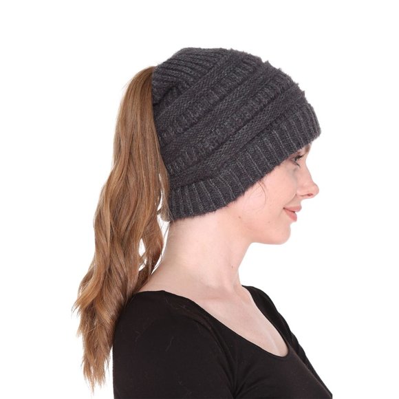 WOMENS GRAY KNITTED PONYTAIL BEANIE - NWT - OSFA - Picture 4 of 7